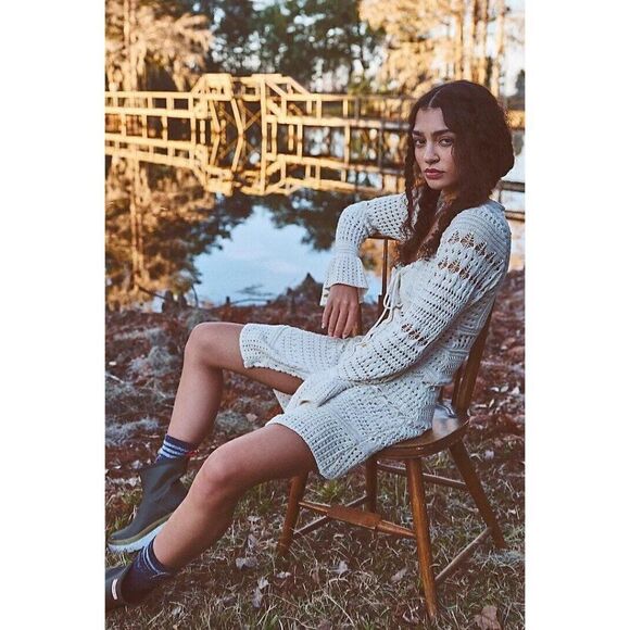 NEW FREE PEOPLE Sz XS SEDONA CROCHET MINI DRESS IVORY - Picture 1 of 4